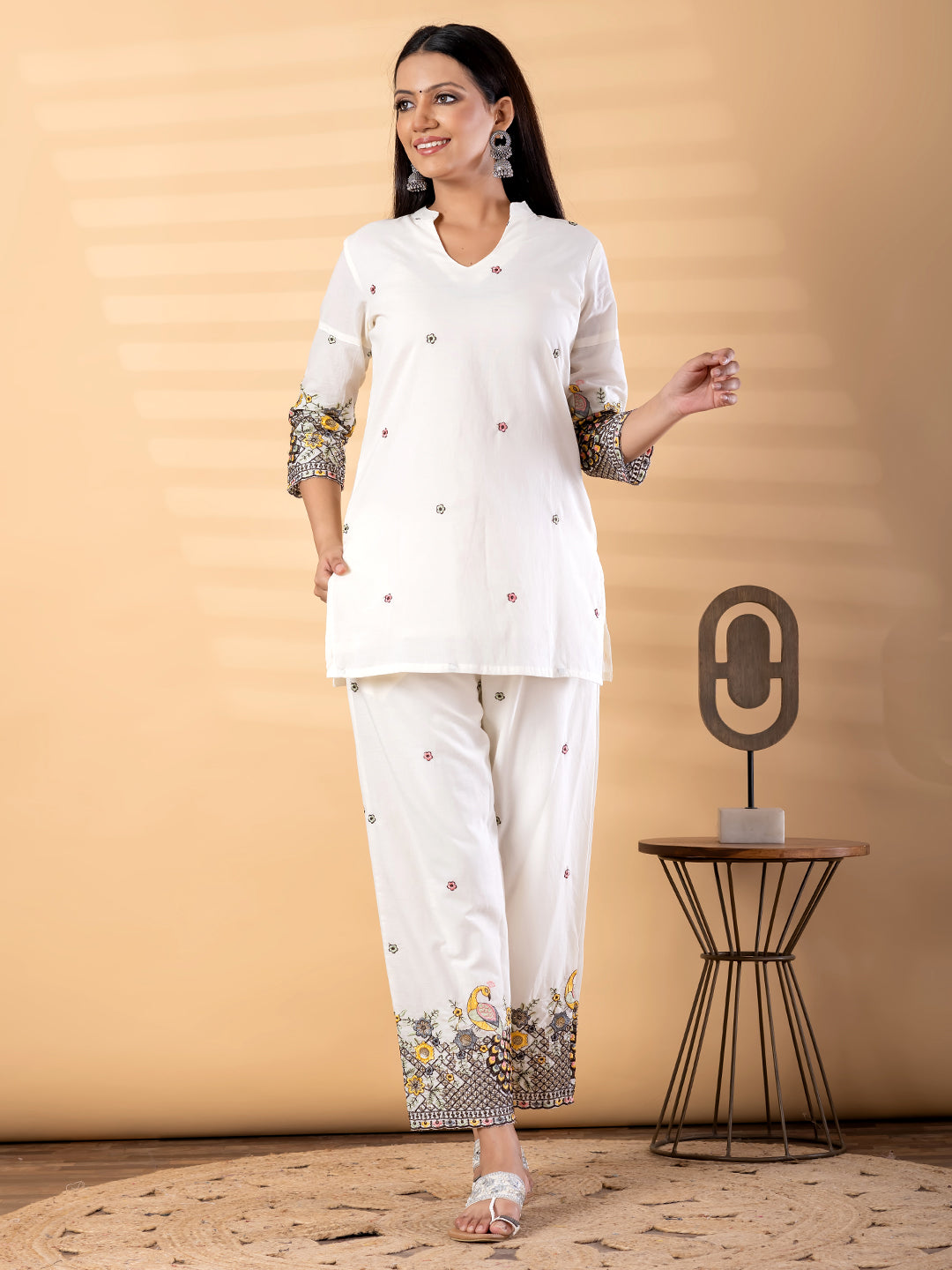 Women’s White Kurta Set with Embroidery & Printed Pants – Ethnic Wear