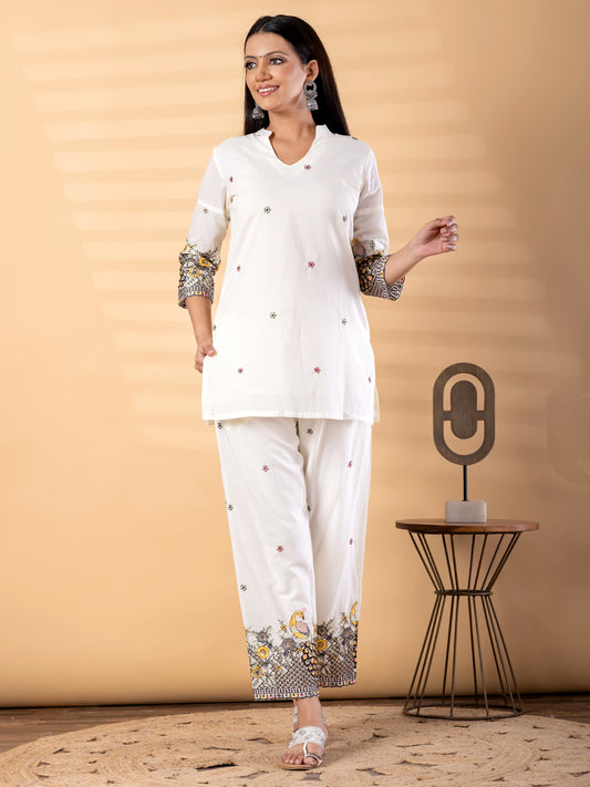 Women’s White Kurta Set with Embroidery & Printed Pants – Ethnic Wear