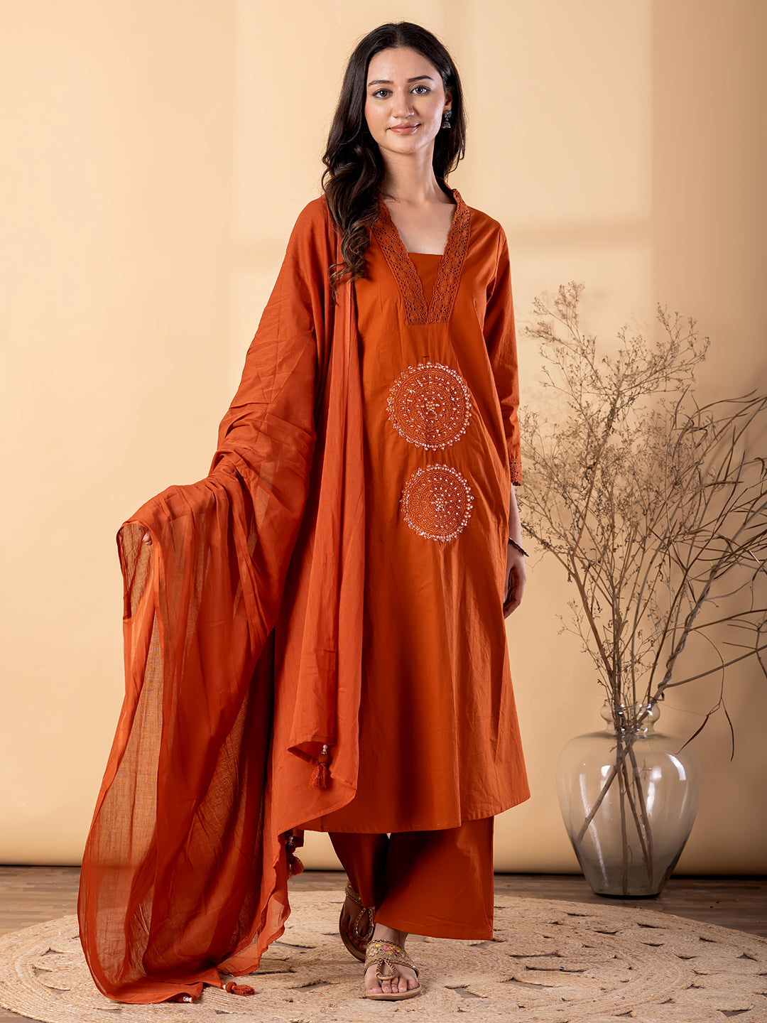 Women’s Rust Orange Kurta Set with Dupatta & Embroidery