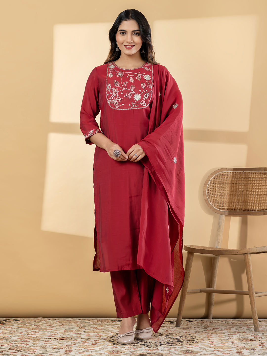 Women’s Red Embroidered Kurta Set with Dupatta & Pants