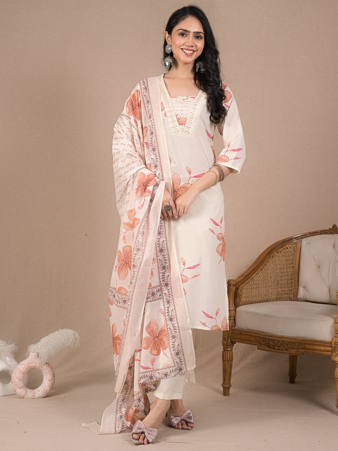 Women’s Ivory Floral Kurta Set with Dupatta | Cotton Ethnic Wear | Festive & Casual