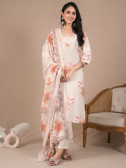 Women’s Ivory Floral Kurta Set with Dupatta | Cotton Ethnic Wear | Festive & Casual