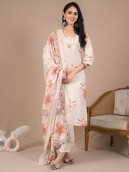 Women’s Ivory Floral Kurta Set with Dupatta | Cotton Ethnic Wear | Festive & Casual