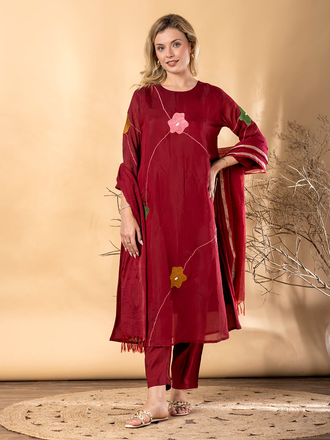 Women’s Maroon Kurta Set with Dupatta & Floral Appliqué Work