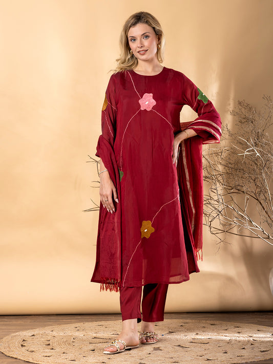 Women’s Maroon Kurta Set with Dupatta & Floral Appliqué Work