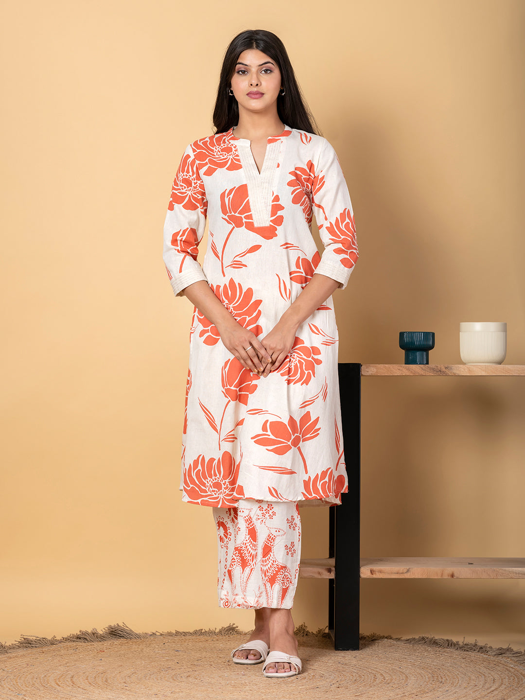 Women’s Floral Printed Kurta Set with Pants – Ivory & Coral Ethnic Wear