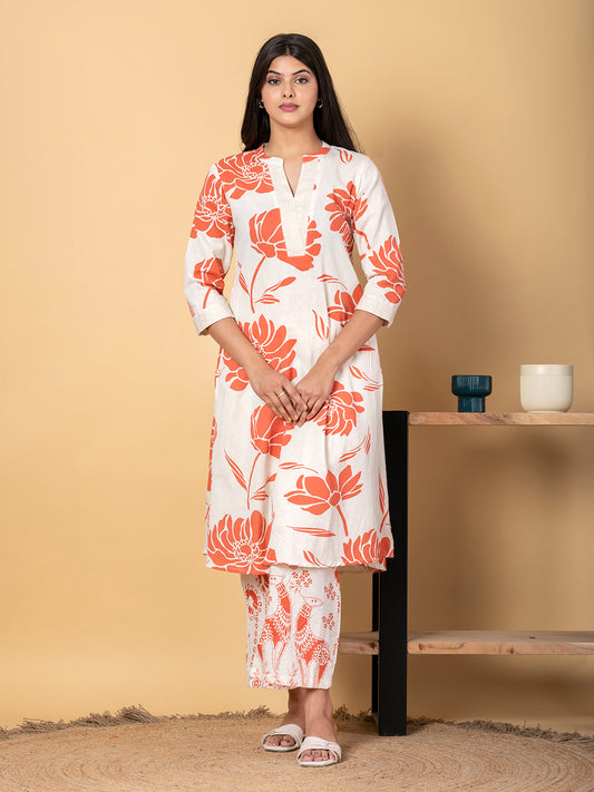 Women’s Floral Printed Kurta Set with Pants – Ivory & Coral Ethnic Wear