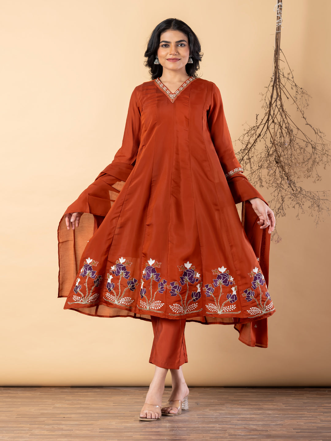 Elegant Rust Anarkali Suit with Floral Embroidery & Dupatta