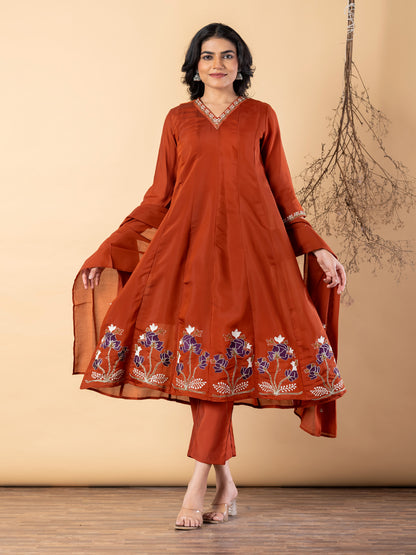 Elegant Rust Anarkali Suit with Floral Embroidery & Dupatta