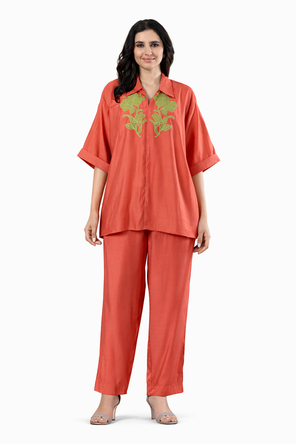 Coral Embroidered Co-Ord Set for Women | Relaxed Shirt & Pants