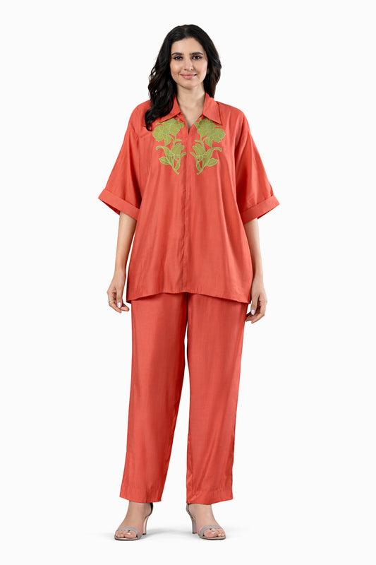 Coral Embroidered Co-Ord Set for Women | Relaxed Shirt & Pants