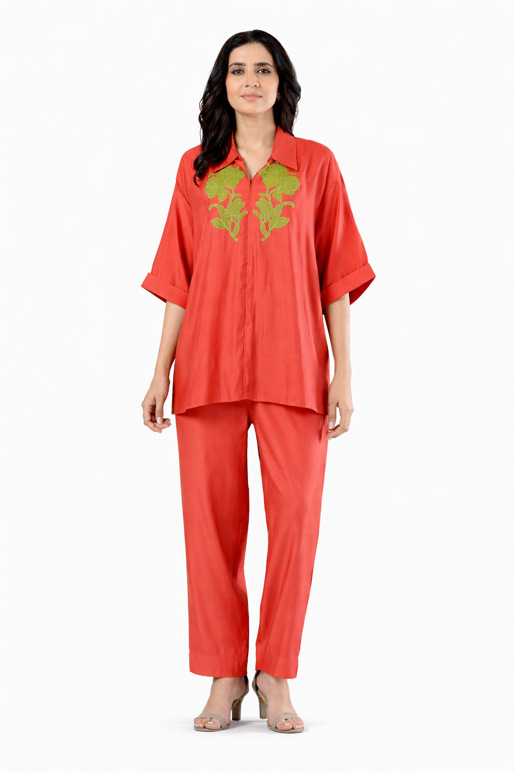 Coral Embroidered Co-Ord Set for Women | Relaxed Shirt & Pants