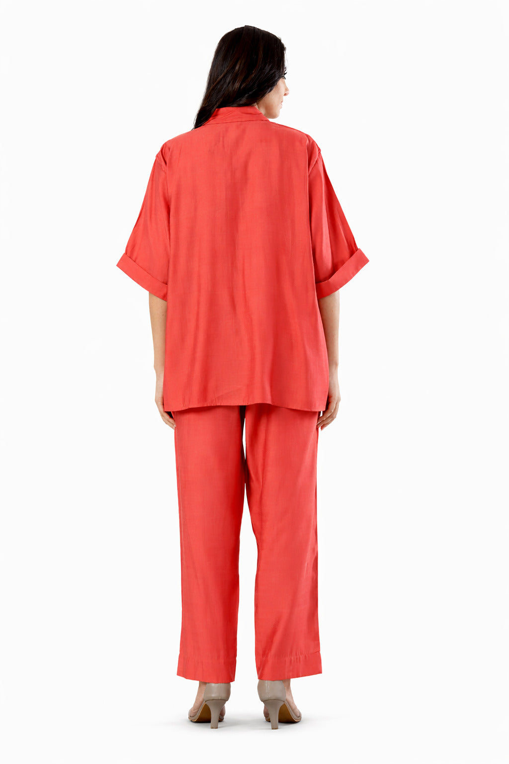 Coral Embroidered Co-Ord Set for Women | Relaxed Shirt & Pants