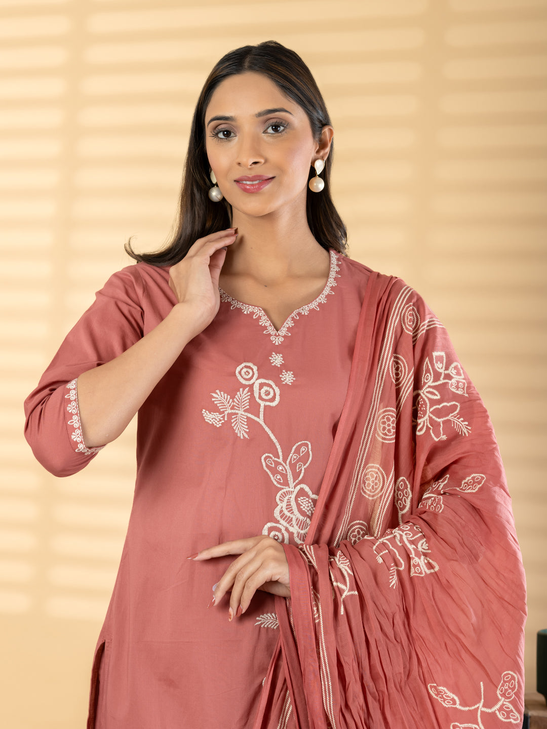 Dusty Rose Embroidered Kurta Set with Dupatta for Women
