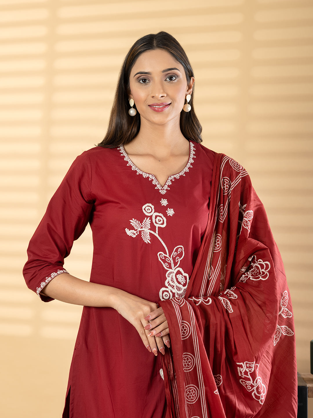 Red Embroidered Kurta Set with Dupatta for Women