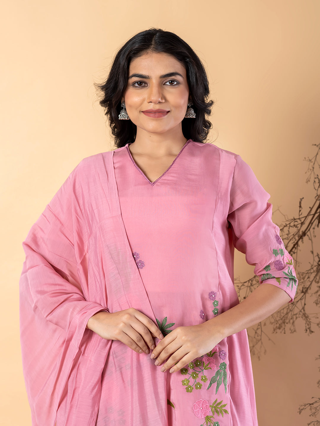 Women’s Pink Embroidered Kurta Set with Dupatta & Pants