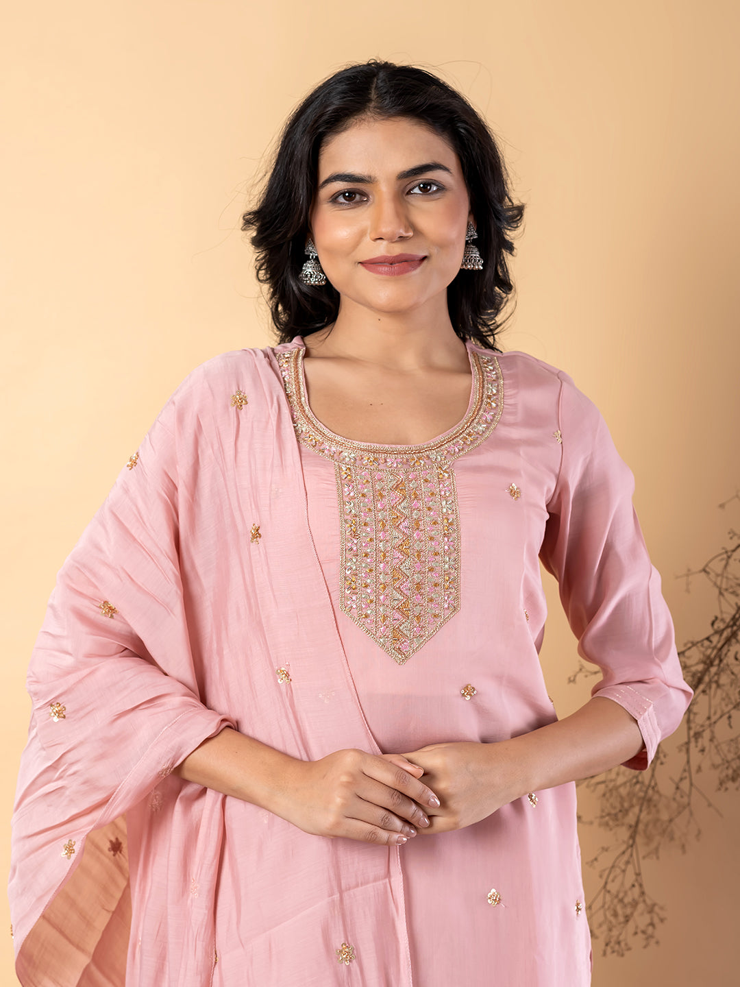Women’s Pink Embellished Kurta Set with Dupatta & Pants