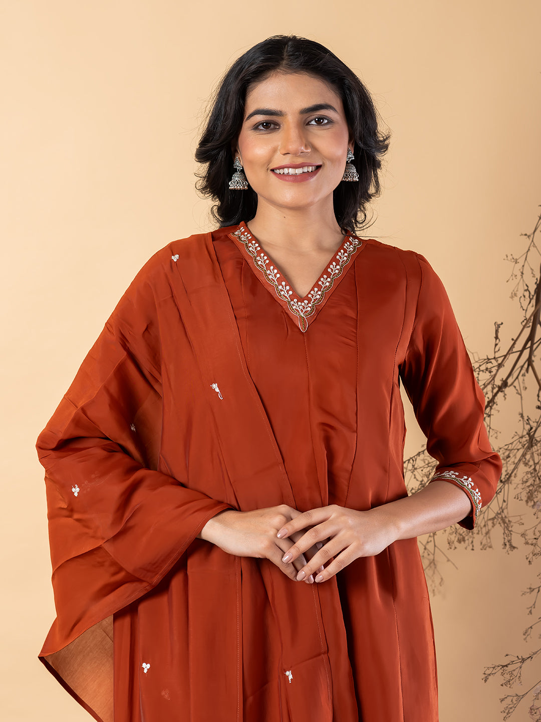 Elegant Rust Anarkali Suit with Floral Embroidery & Dupatta