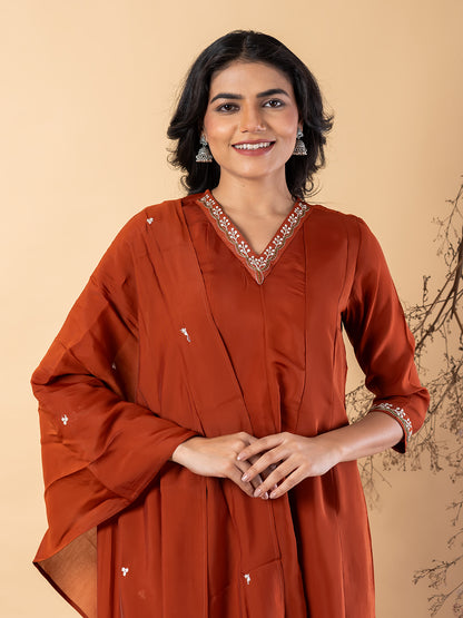 Elegant Rust Anarkali Suit with Floral Embroidery & Dupatta
