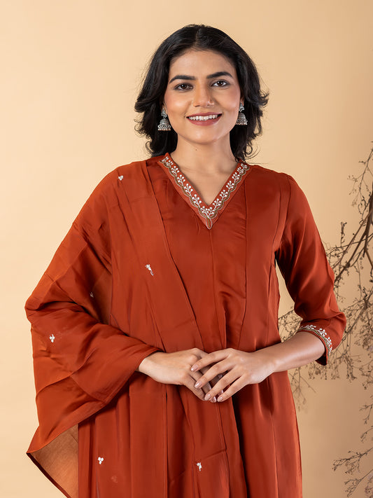 Elegant Rust Anarkali Suit with Floral Embroidery & Dupatta