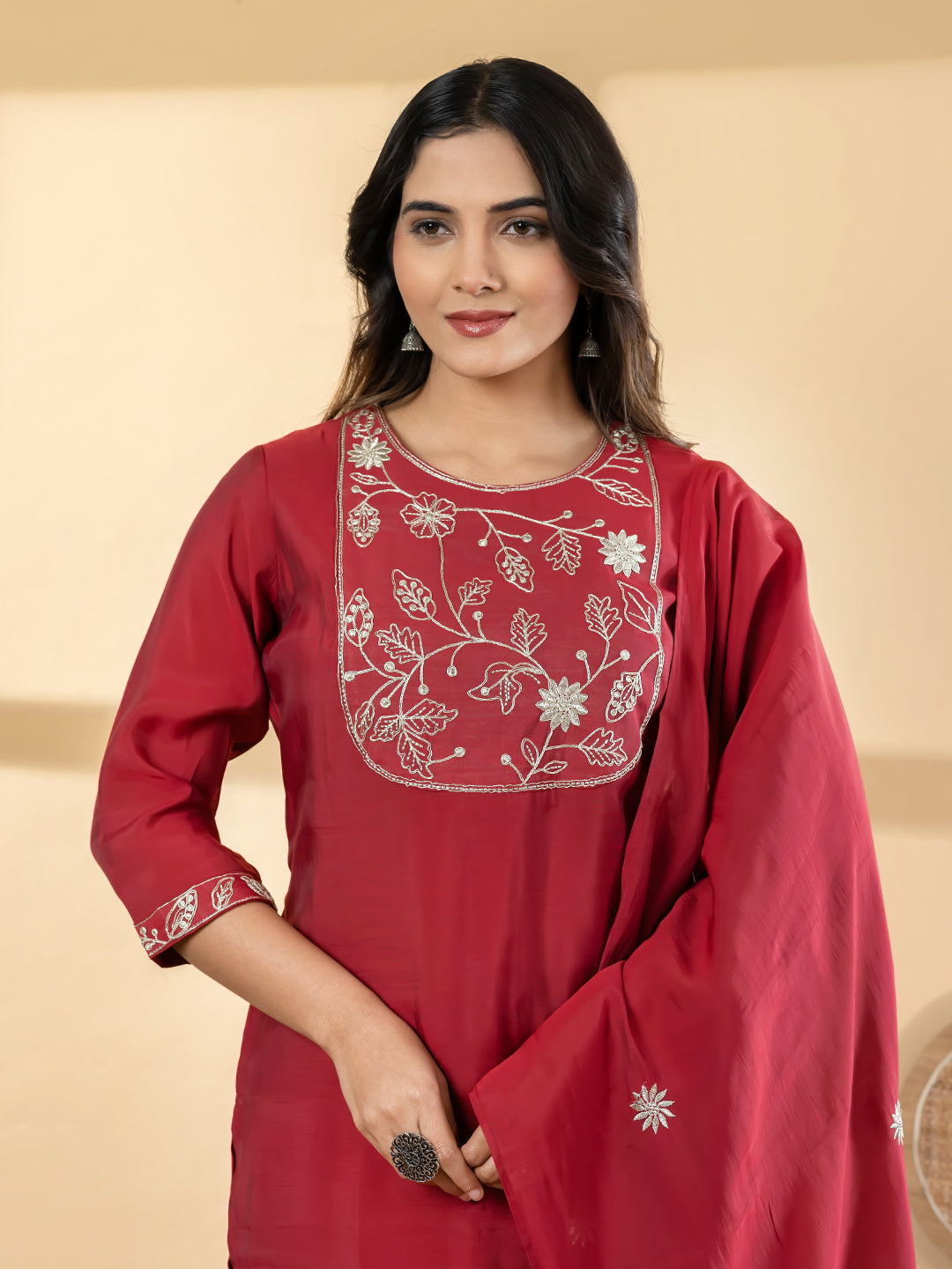 Women’s Red Embroidered Kurta Set with Dupatta & Pants