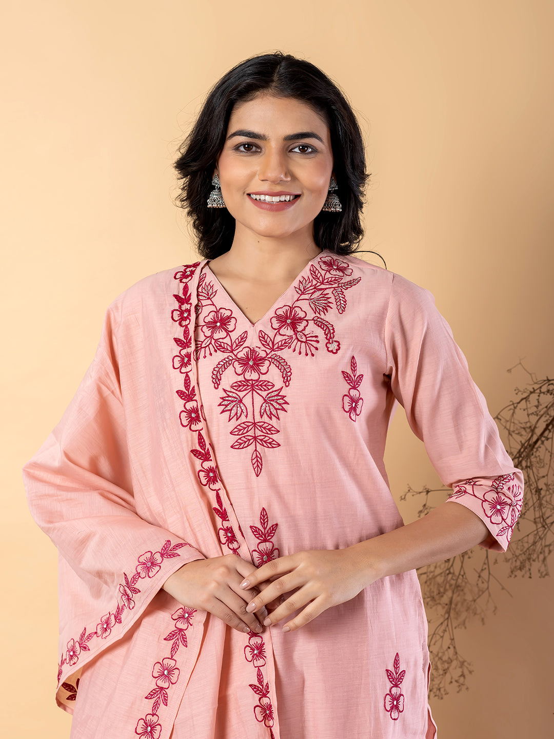 Women’s Peach Embroidered Kurta Set with Dupatta & Pants