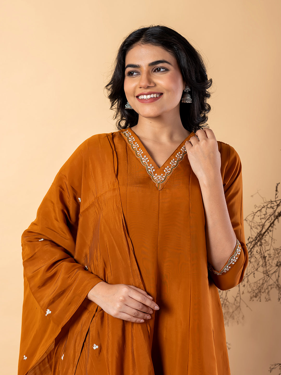 Women’s Mustard Kurta Set with Dupatta & Floral Embroidery