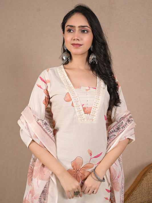 Women’s Ivory Floral Kurta Set with Dupatta | Cotton Ethnic Wear | Festive & Casual