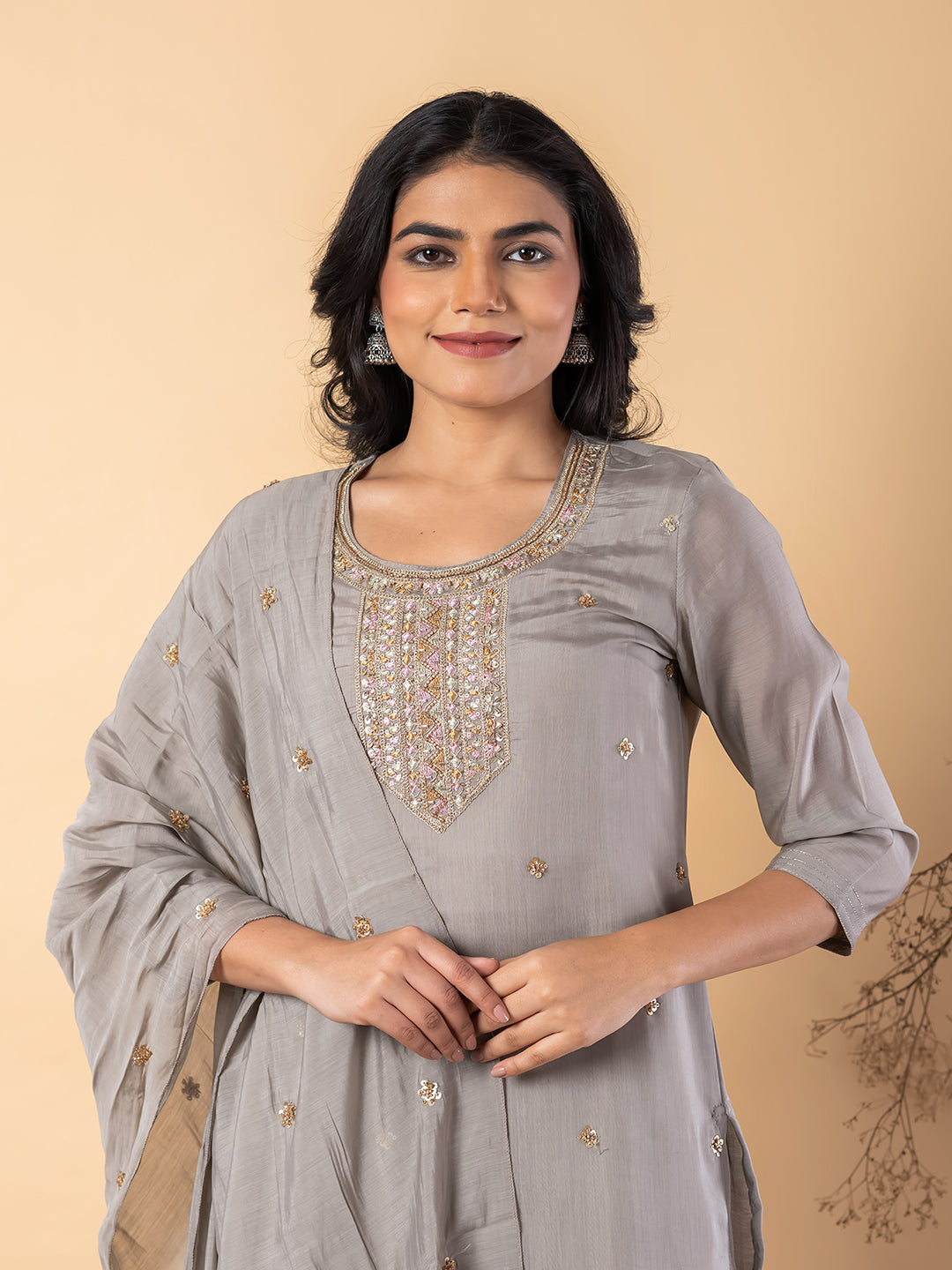 Women’s Grey Embroidered Kurta Set with Dupatta & Pants