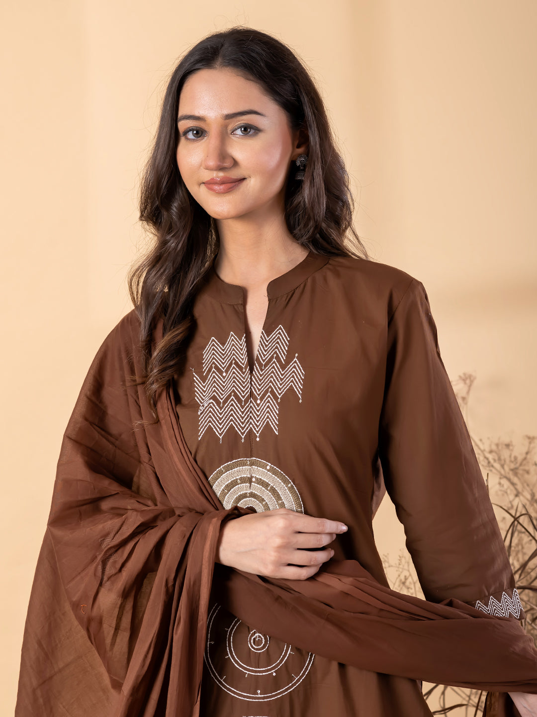 Women’s Brown Kurta Set with Dupatta & Embroidery – Ethnic Wear