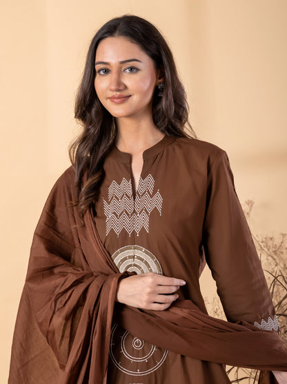 Women’s Brown Kurta Set with Dupatta & Embroidery – Ethnic Wear