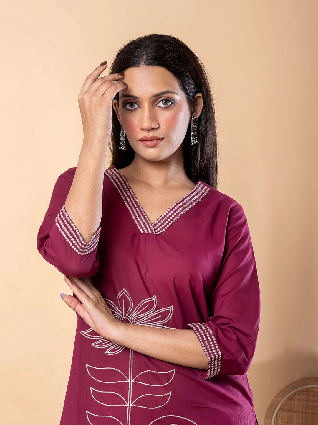 Women’s Maroon Kurta Set with Embroidery & Pants – Ethnic Wear