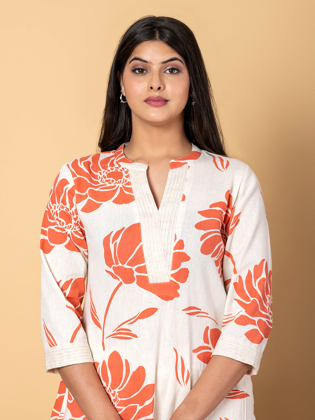 Women’s Floral Printed Kurta Set with Pants – Ivory & Coral Ethnic Wear