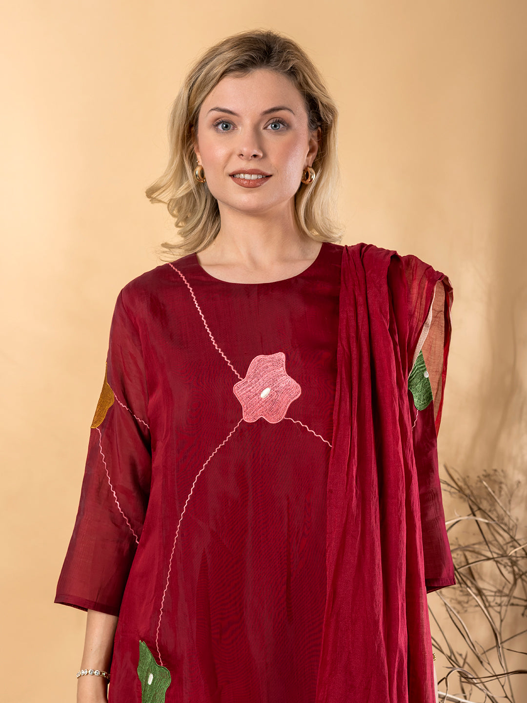 Women’s Maroon Kurta Set with Dupatta & Floral Appliqué Work