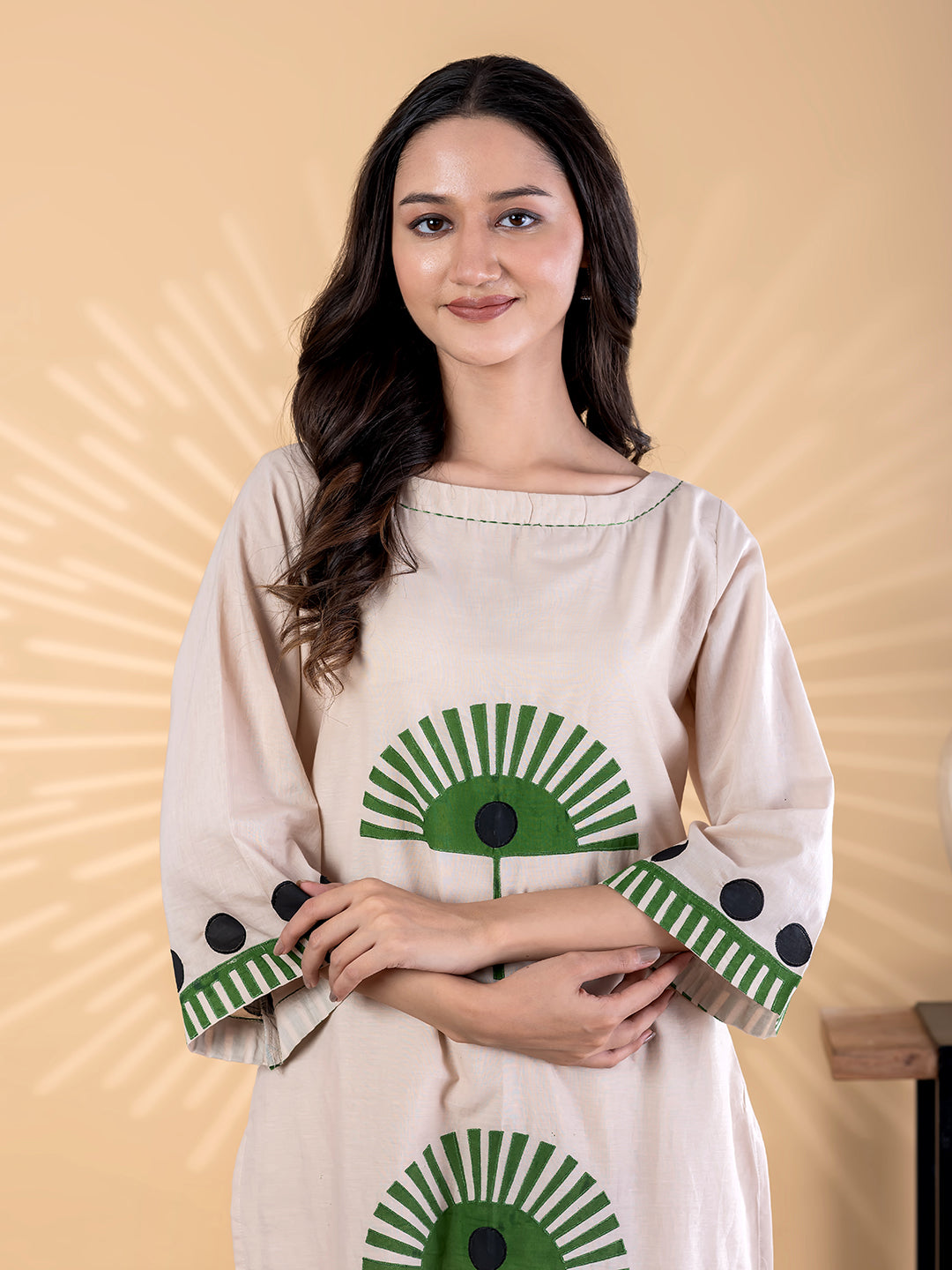 Beige Printed Kurta Pant Set for Women with Green Motif Design