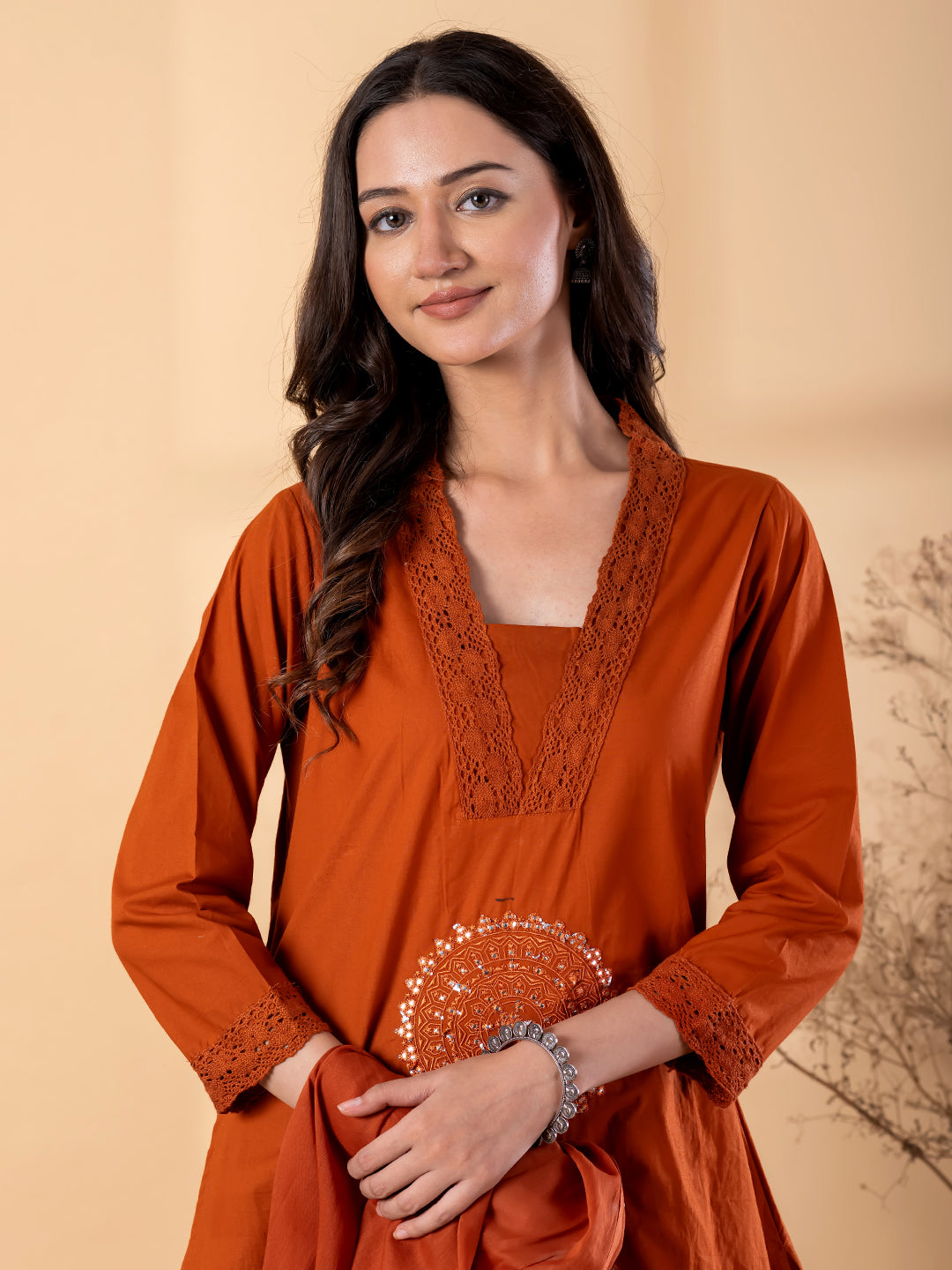 Women’s Rust Orange Kurta Set with Dupatta & Embroidery
