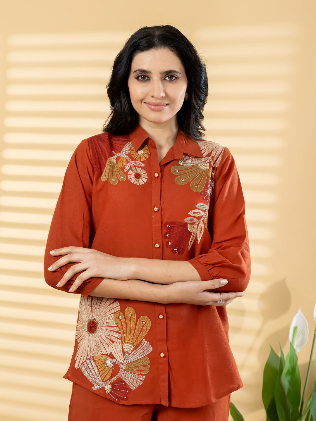 Rust Orange Embroidered Kurta Pant Set for Women with Floral Detailing
