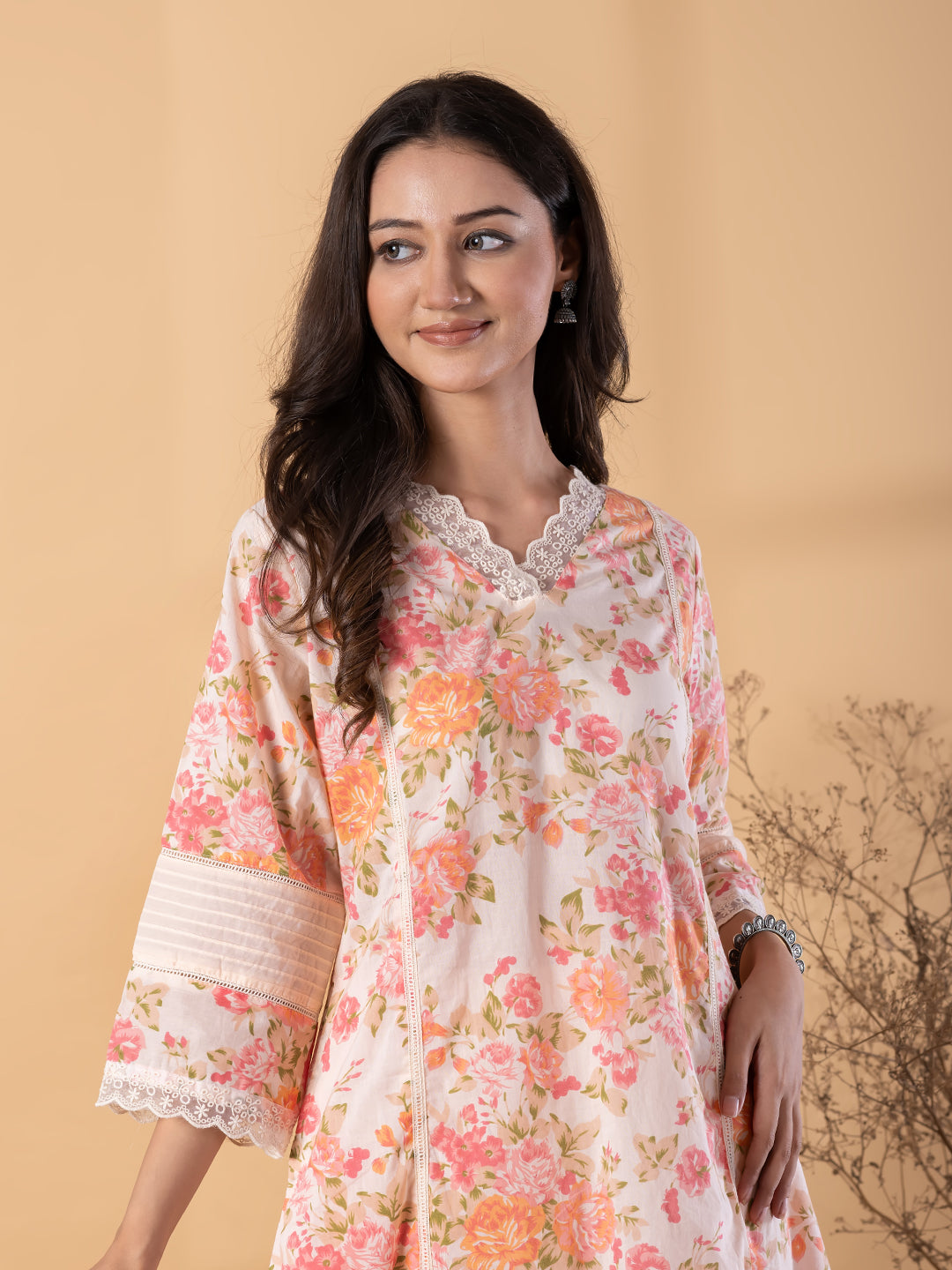 Women’s Cream Floral Printed Kurta Set with Pants – Ethnic Wear