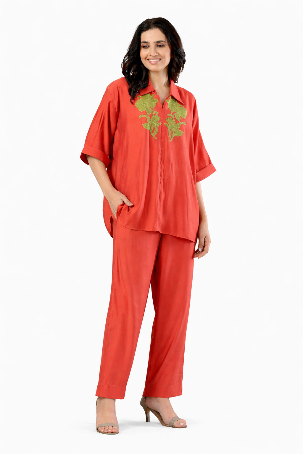 Coral Embroidered Co-Ord Set for Women | Relaxed Shirt & Pants