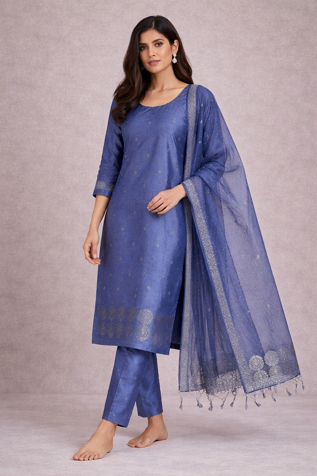 Elegant Blue Woven Kurta Set with Dupatta for Women
