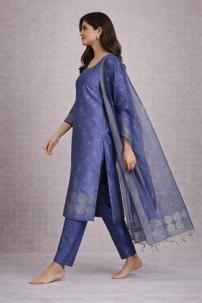 Elegant Blue Woven Kurta Set with Dupatta for Women