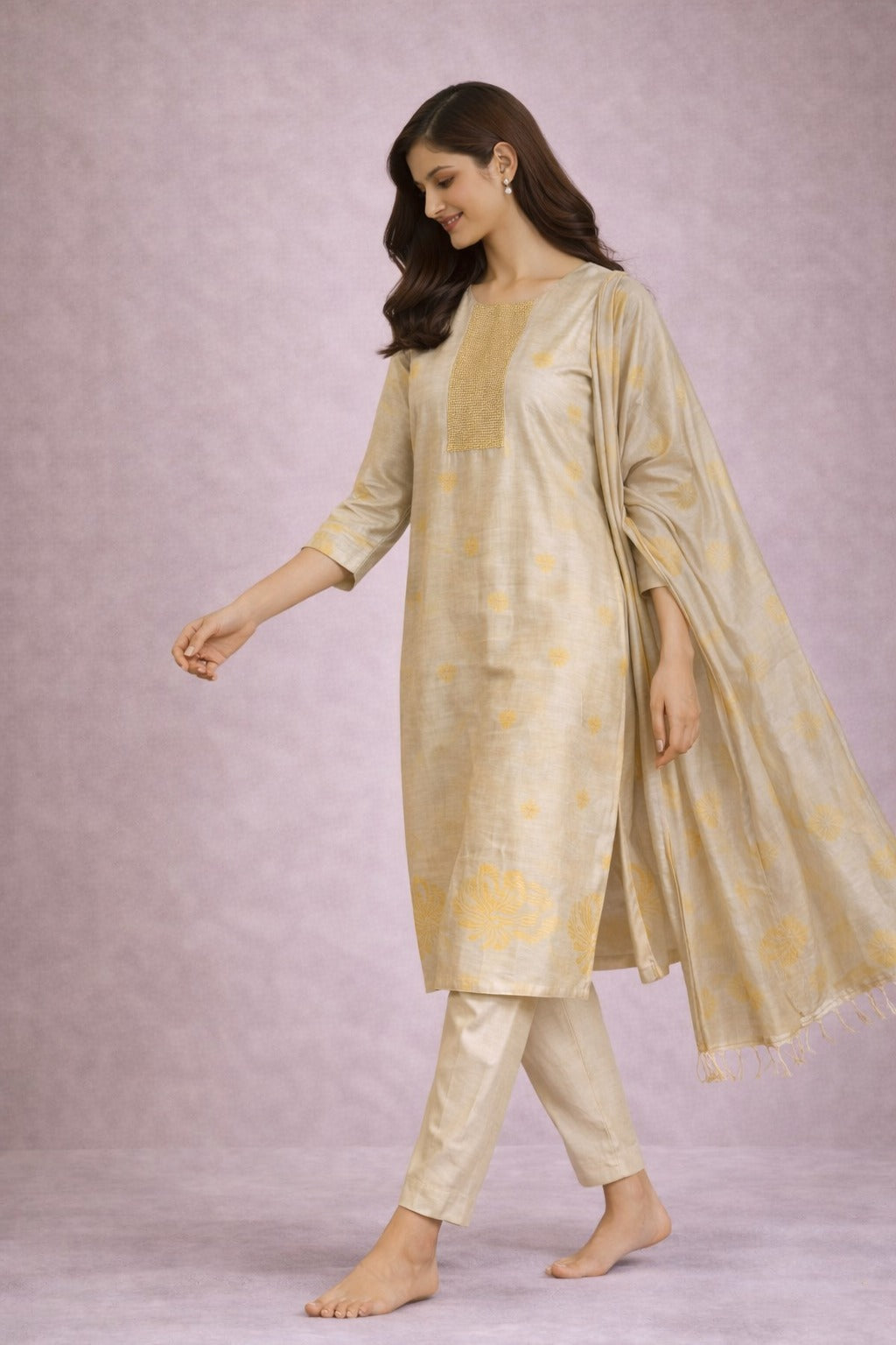 Elegant Beige Silk Blend Kurta Set with Dupatta for Women