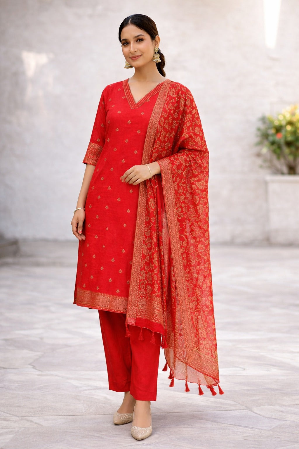 Elegant Red Ethnic Kurta Set with Gold Embroidery & Dupatta for Women