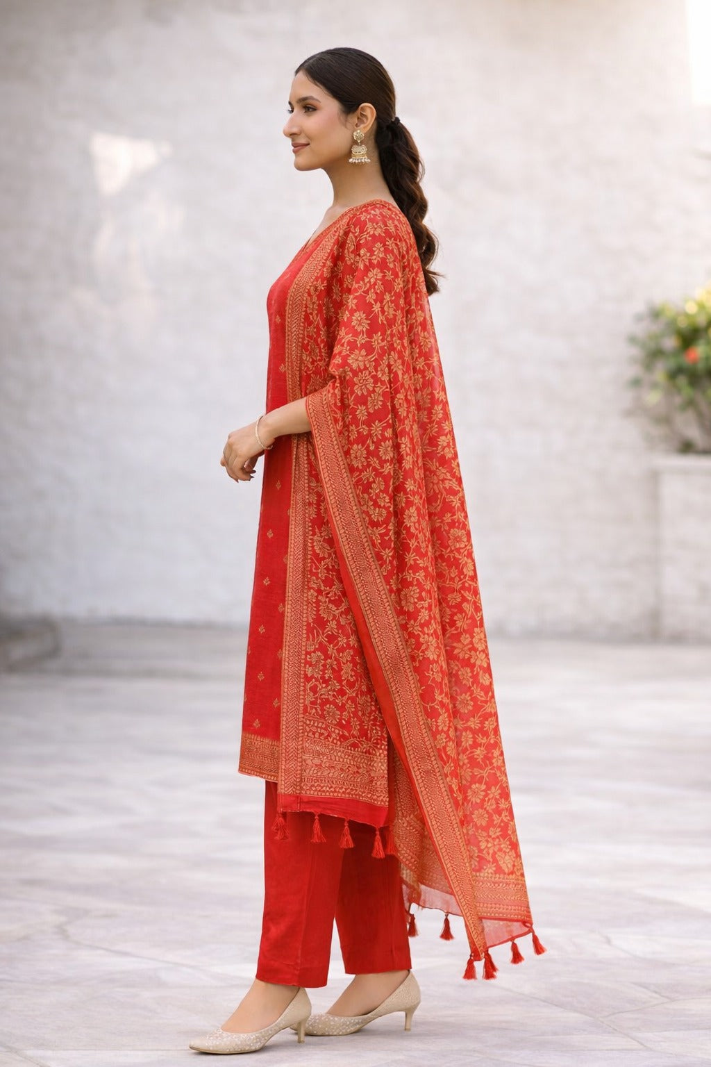 Elegant Red Ethnic Kurta Set with Gold Embroidery & Dupatta for Women