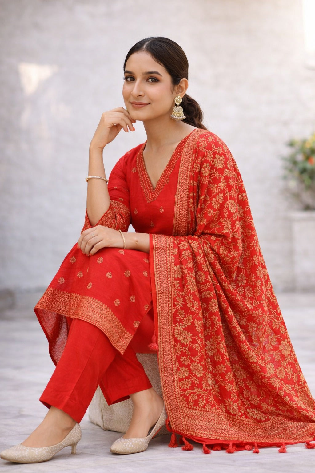 Elegant Red Ethnic Kurta Set with Gold Embroidery & Dupatta for Women