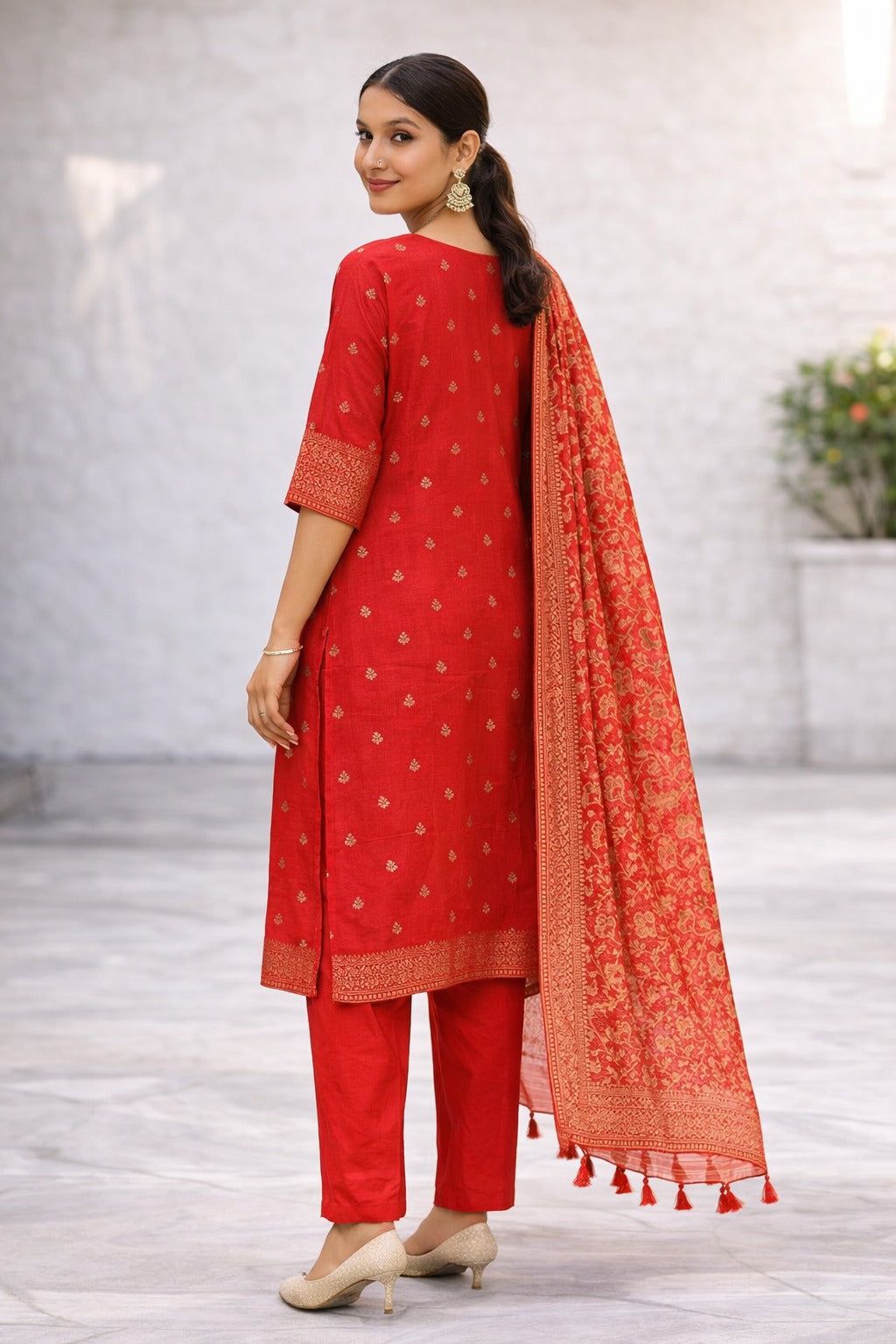 Elegant Red Ethnic Kurta Set with Gold Embroidery & Dupatta for Women