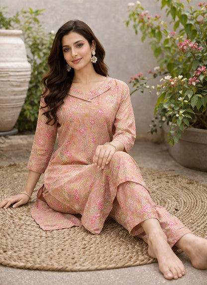 Elegant Pink Floral Printed Kurta Set for Women