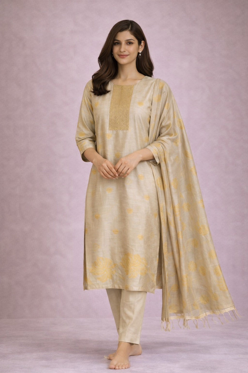 Elegant Beige Silk Blend Kurta Set with Dupatta for Women