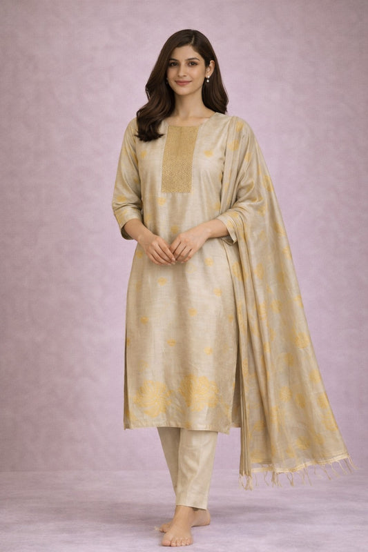 Elegant Beige Silk Blend Kurta Set with Dupatta for Women