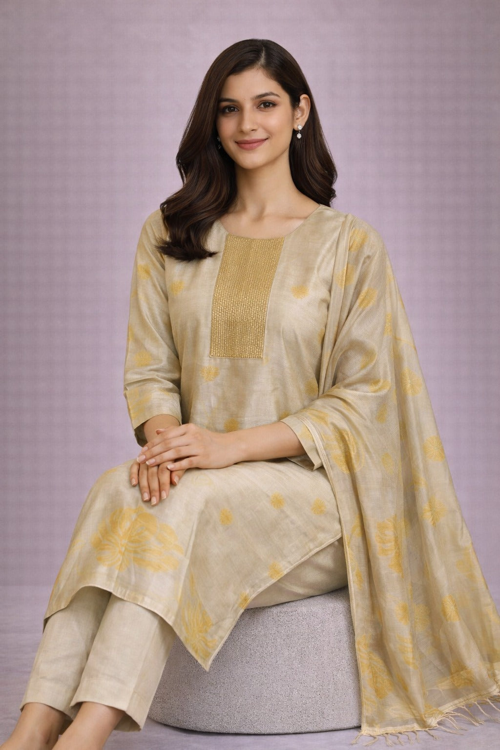 Elegant Beige Silk Blend Kurta Set with Dupatta for Women